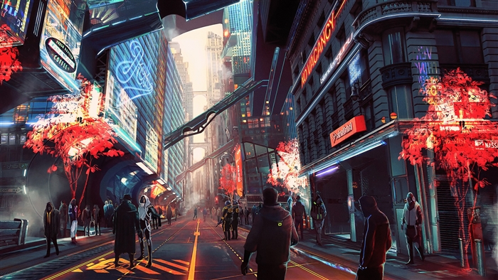 Cyberpunk City Street with People and Neon Signs 4K