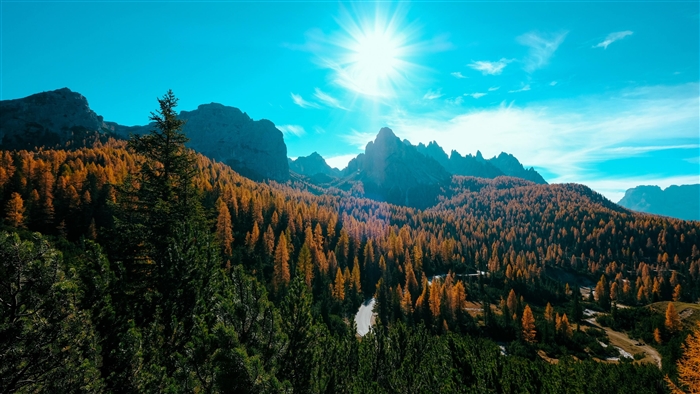 Mountain forest landscape with sun and sky