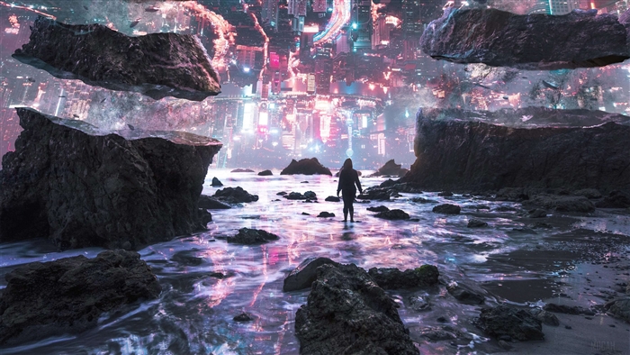 Upside Down Cityscape with Floating Rocks 4K
