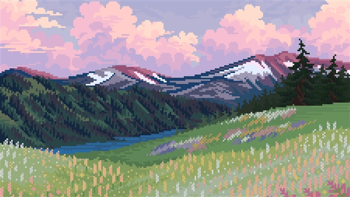 Pixel Art Mountain Landscape with Flowers and Clouds