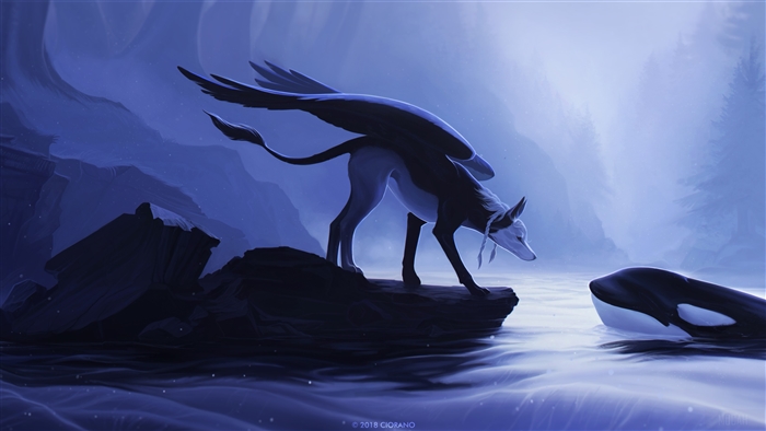 Winged creature and orca in a fantasy landscape