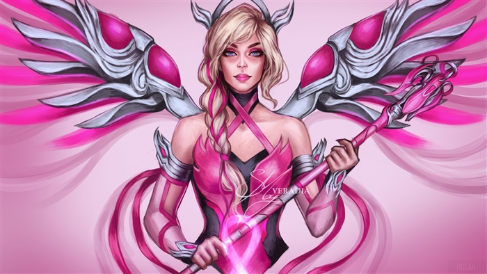 Mercy from Overwatch in pink outfit with staff