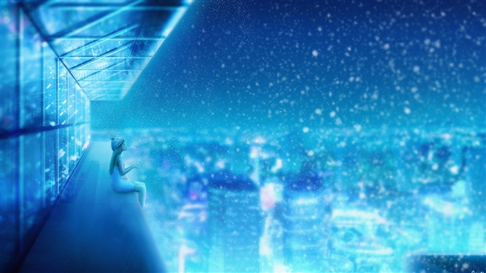 Girl in winter hat on balcony overlooking snowy city