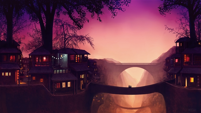 Couple on a bridge in a fantasy town at sunset 4K