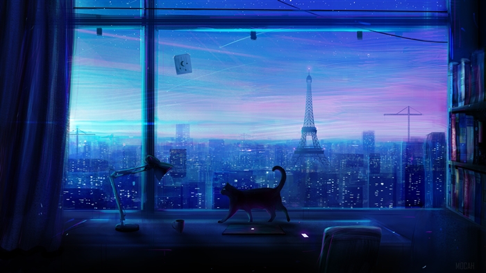 Cat looking out window at Paris skyline 4K