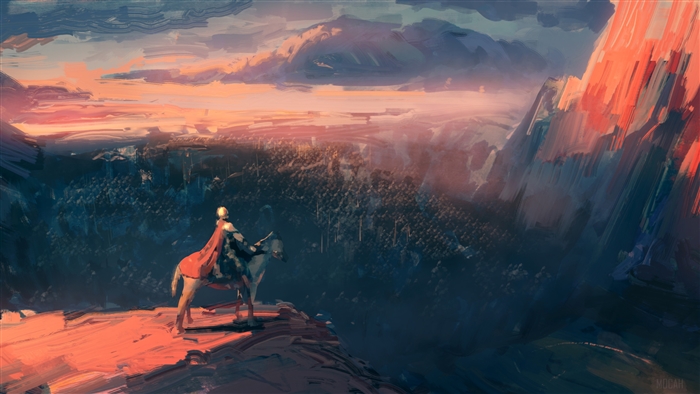 Warrior on horseback overlooking a valley at sunset