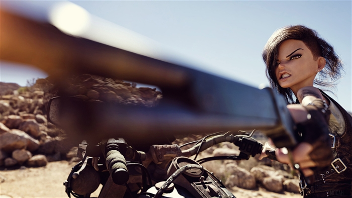 Woman with sword on motorcycle in desert 4K
