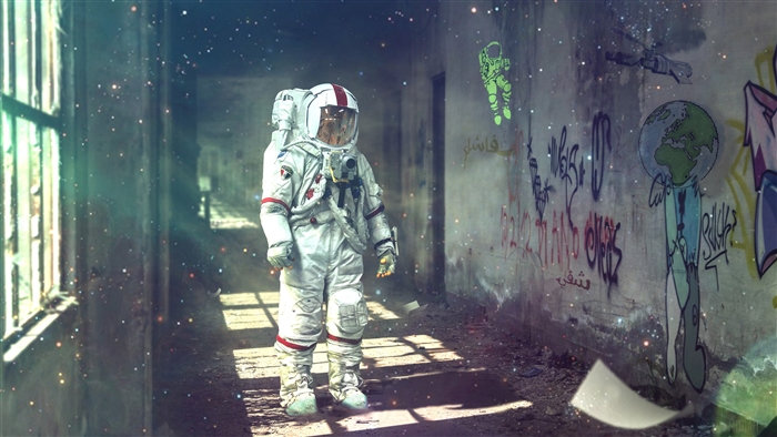 Astronaut in abandoned hallway with graffiti