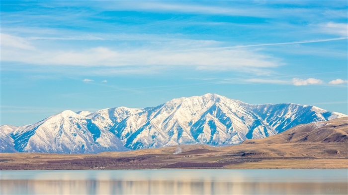 Snow-capped mountains over Utah Lake