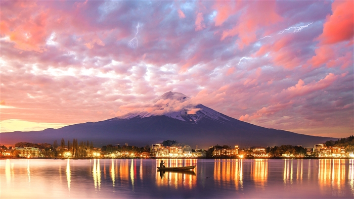 Mount Fuji at sunset with lightning