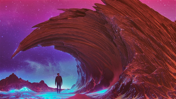 Man standing in alien landscape with giant rock formation