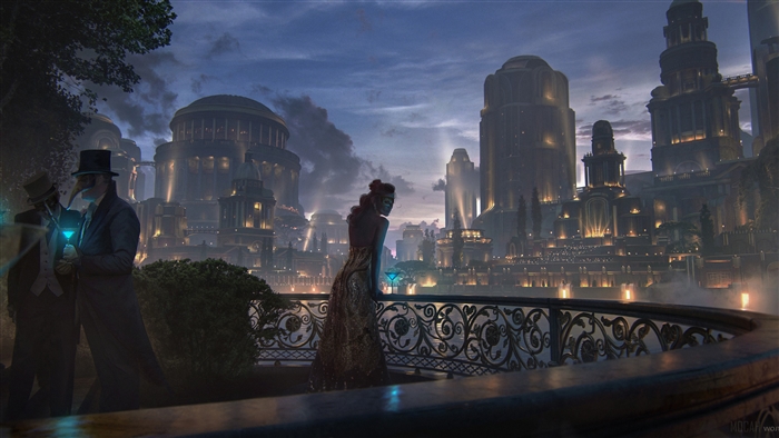 Steampunk Cityscape with Figures on Balcony 4K