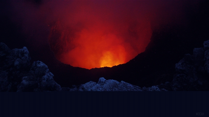 Volcano crater with red lava and smoke 4K