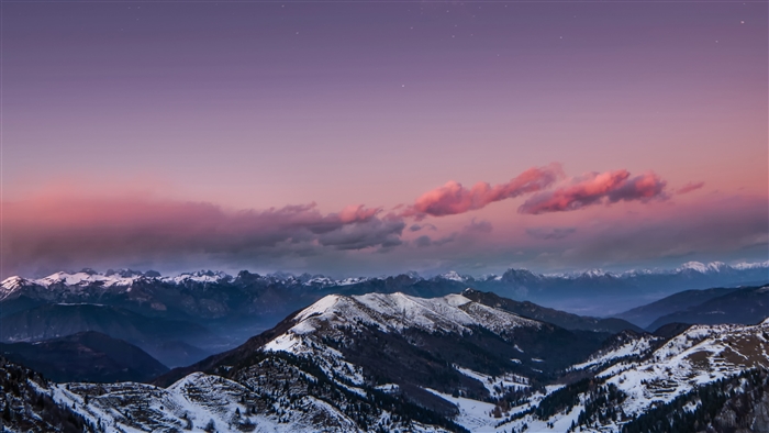 Snowy Mountains at Dusk with Pink Clouds and Stars 4K