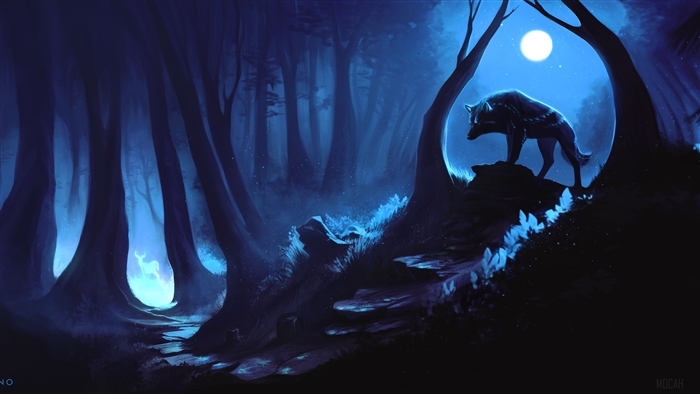Wolf in a moonlit forest with a glowing deer