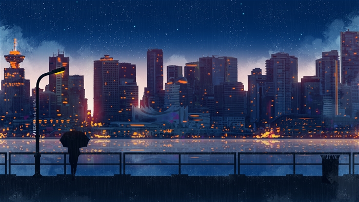 Anime City Lights at Night with Rain
