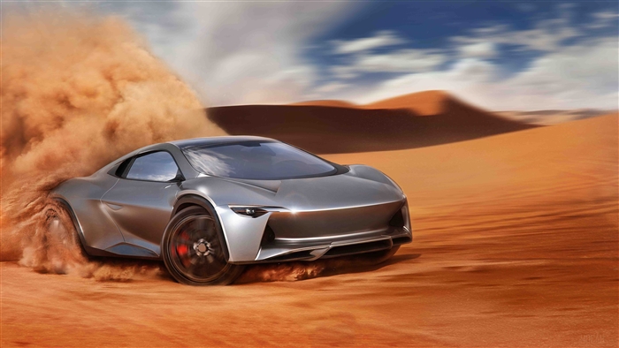 Silver sports car drifting in desert 4K