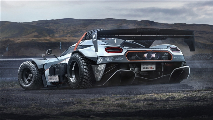 Koenigsegg with off-road tires and large wing 4K