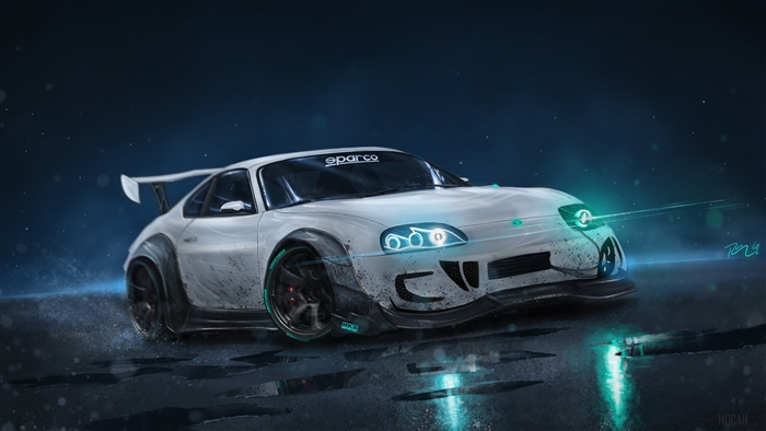 White Toyota Supra with Sparco and HKS decals drifting at night
