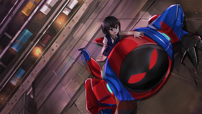 Peni Parker and SP//dr robot in city