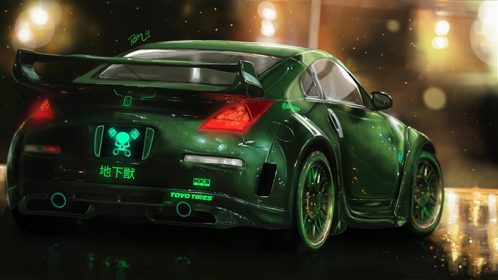Green Nissan 350Z with "Underground Beast" theme