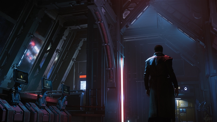 Man in a long coat in a futuristic corridor