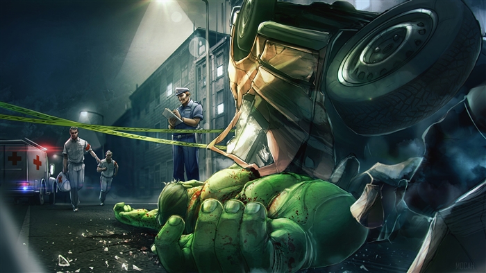 Hulk at a crime scene with police and ambulance
