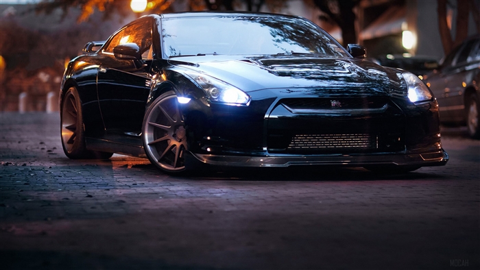 Black Nissan GTR sports car in evening light 4K