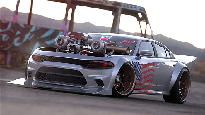 Modified Dodge Charger with twin turbos and American flag