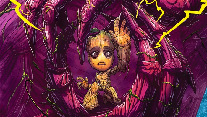 Baby Groot surrounded by purple tendrils