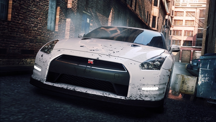 White Nissan GT-R in an alleyway 4K