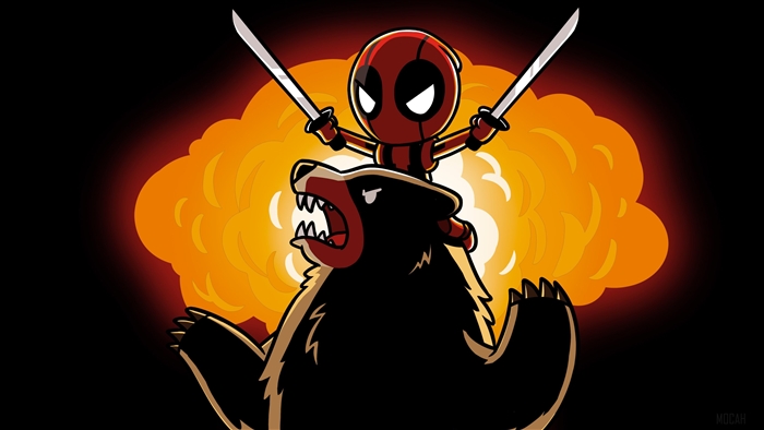 Deadpool Riding a Bear with Explosion Background 4K