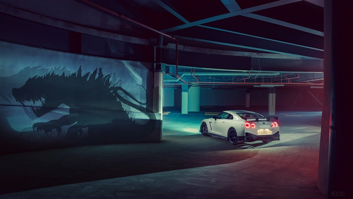 White Nissan GTR in a garage with dragon mural 4K