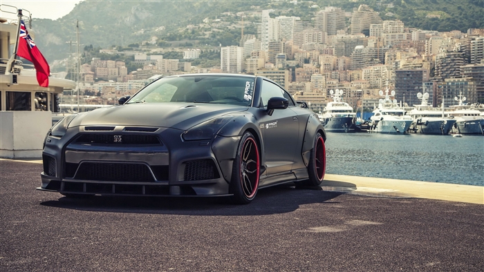 Black Nissan GT-R in Monaco Harbor 4K