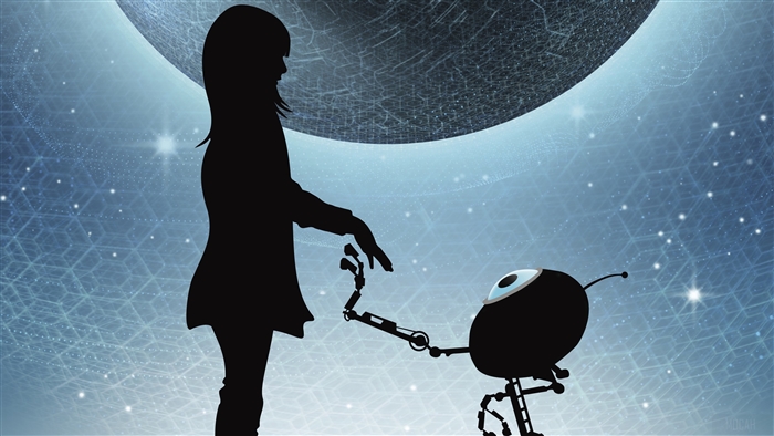 Girl and robot on a blue, starry background
