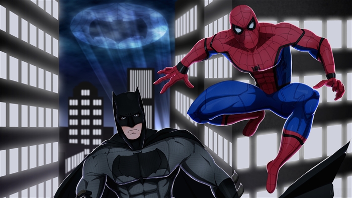 Batman and Spider-Man in a city at night