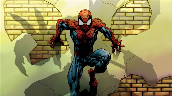 Spider-Man climbing a brick wall