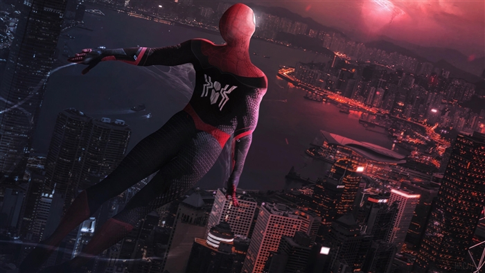Spider-Man from Marvel flying over a city at night 4K