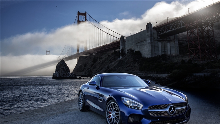 Blue Mercedes AMG GT S 2019 near Golden Gate Bridge