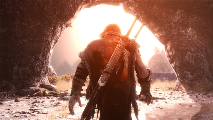 Man with sword emerging from cave in Shadow of Mordor 4K