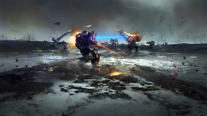 BattleMechs in combat on a desolate battlefield