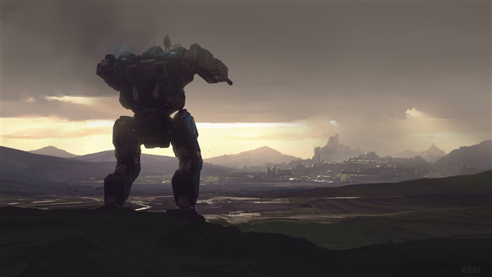 Mech from Battletech overlooking a city at sunset