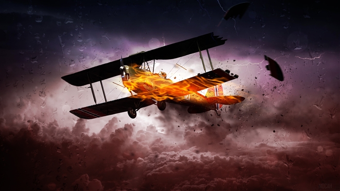 Propeller plane on fire in a storm 4K