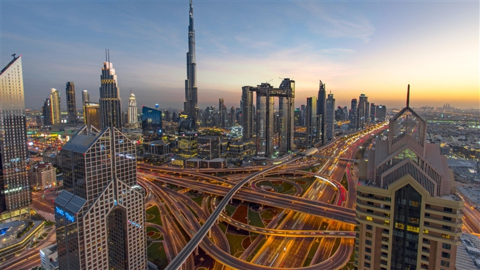 Dubai Skyline with Sheikh Zayed Road at Dusk 4K