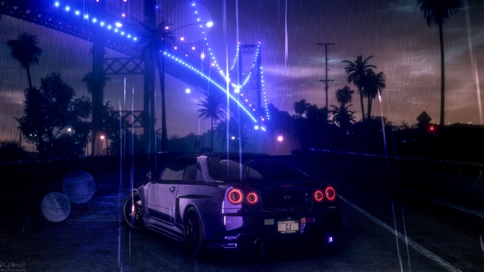 Nissan Skyline GT-R R34 on a bridge at night in the rain