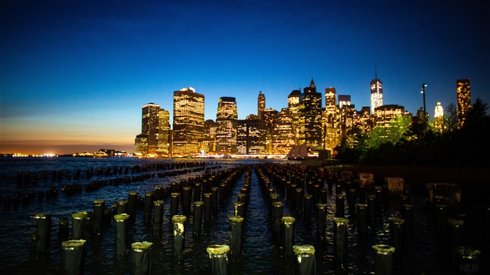 New York City Skyline at Dusk with Pier Pilings