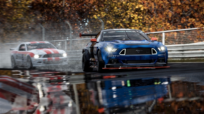 Ford Mustang RTR cars racing on wet track