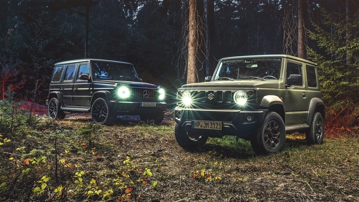 Suzuki Jimny and Mercedes-AMG G63 in forest 4K