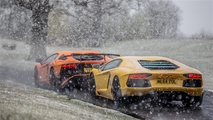 Two Lamborghinis driving in snow 4K