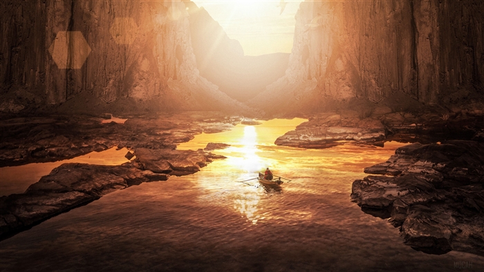 Man rowing boat in canyon with golden light 4K